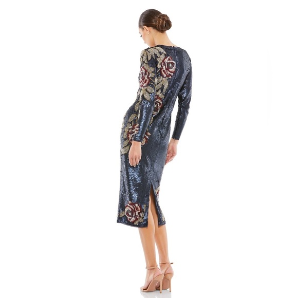Mac Duggal SEQUINED ASYMMETRICAL FLORAL LONG SLEEVE MIDI DRESS in midnight - Picture 3 of 17